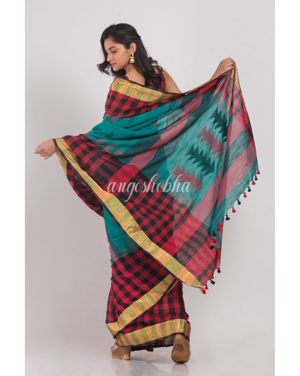 Teal Cotton Jamdani Saree angoshobha