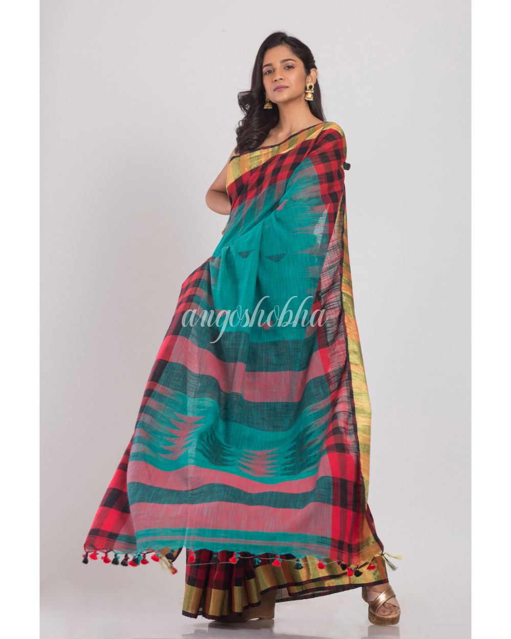 Teal Cotton Jamdani Saree angoshobha