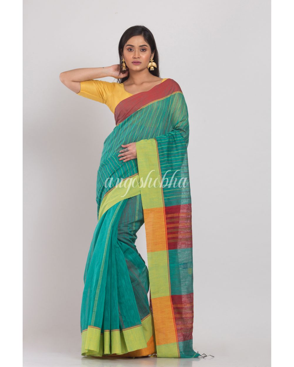 Teal Handloom Blended Cotton Saree angoshobha