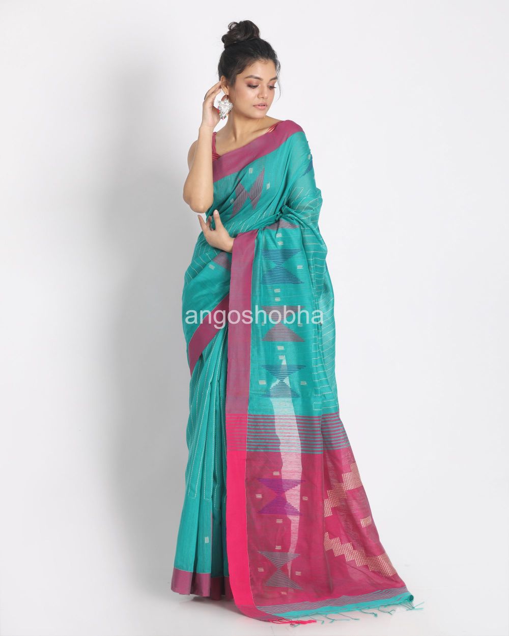 Teal Handloom Blended Cotton Saree angoshobha