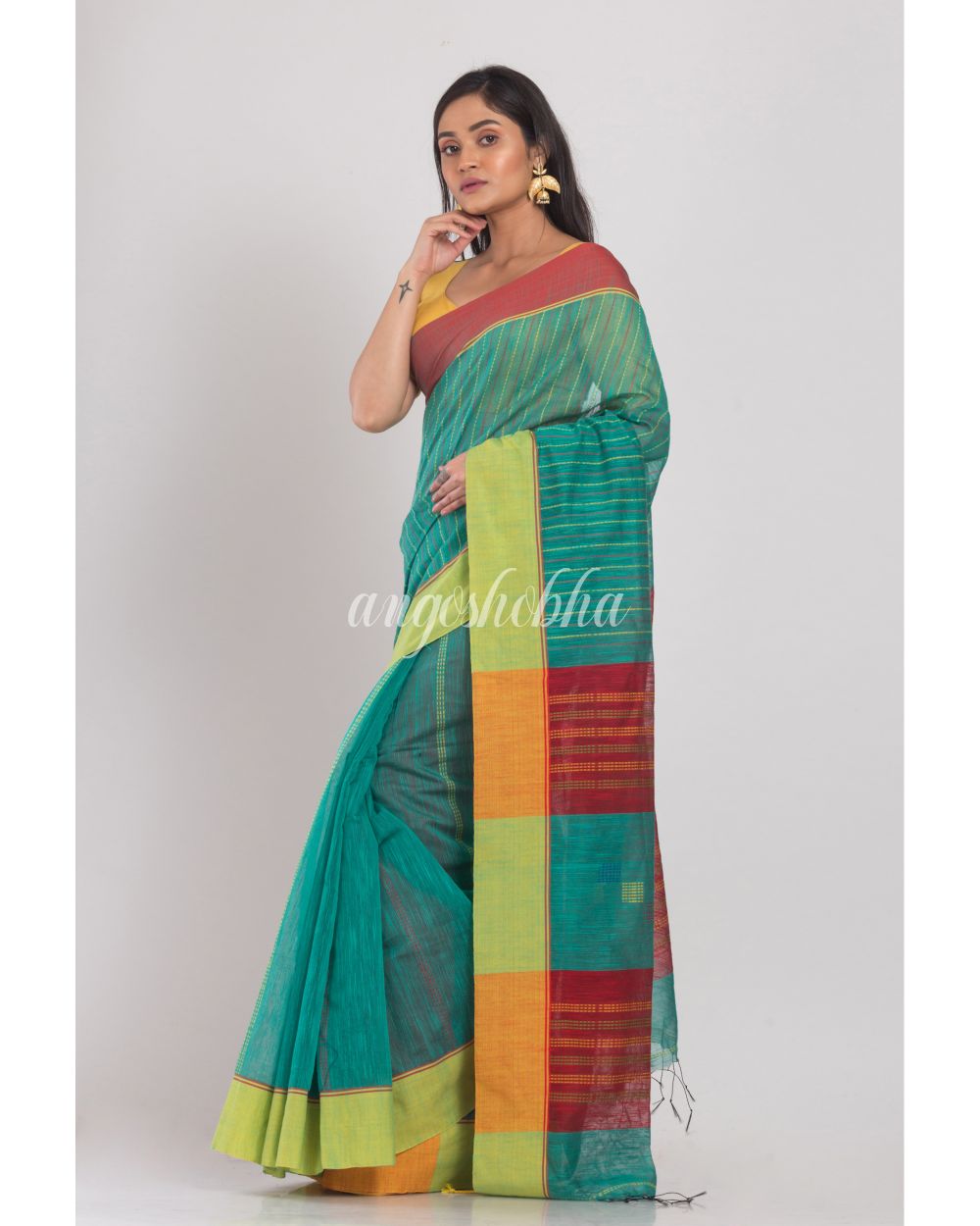 Teal Handloom Blended Cotton Saree angoshobha