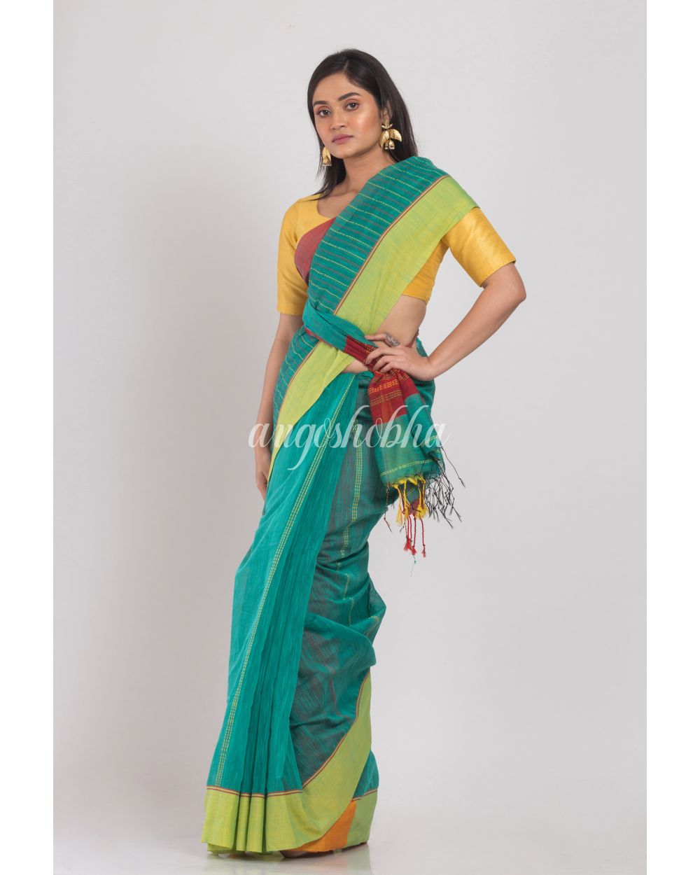 Teal Handloom Blended Cotton Saree angoshobha