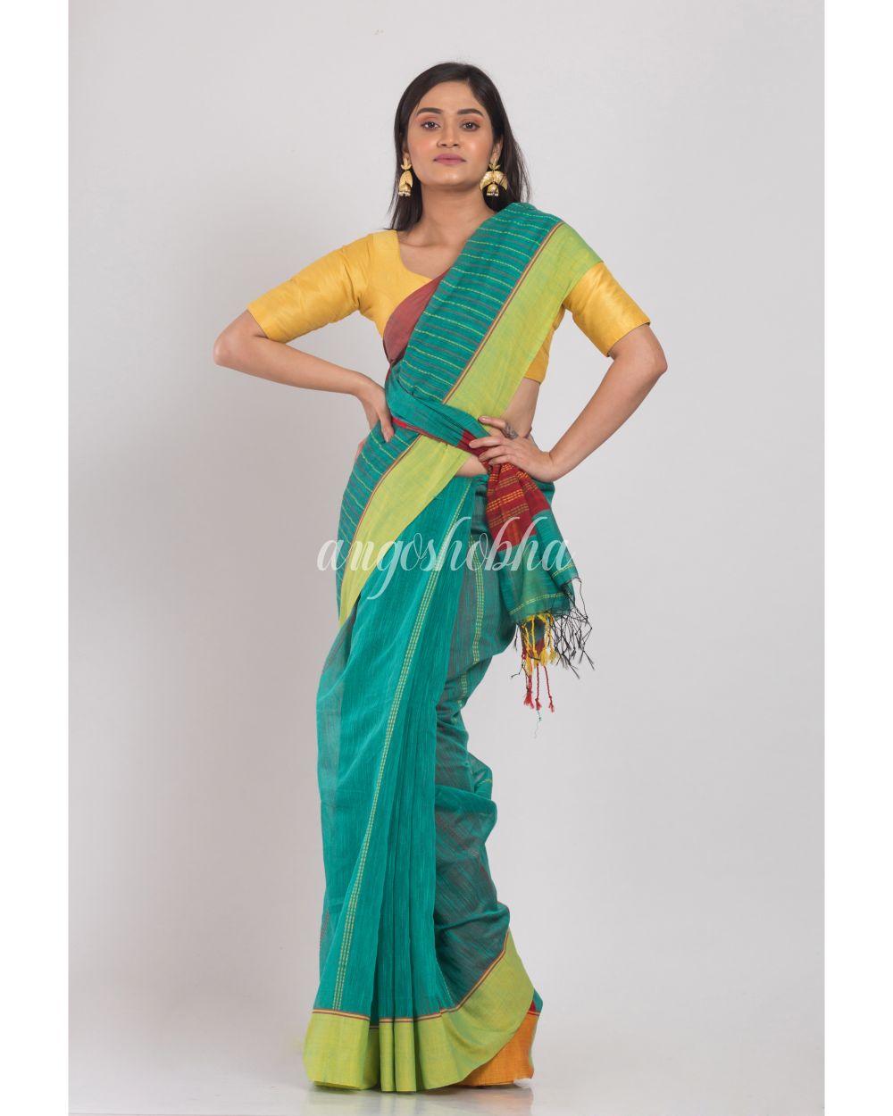 Teal Handloom Blended Cotton Saree angoshobha