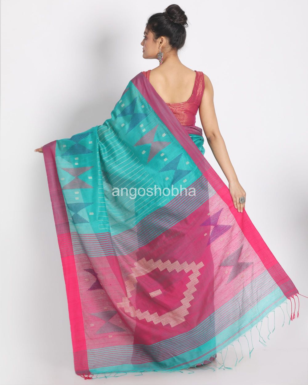 Teal Handloom Blended Cotton Saree angoshobha