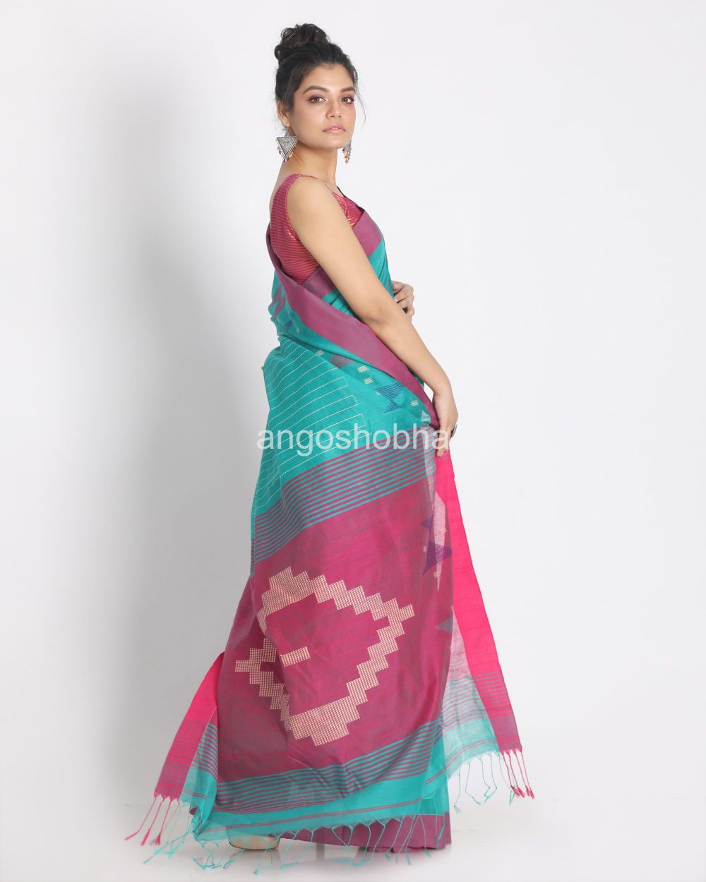 Teal Handloom Blended Cotton Saree angoshobha