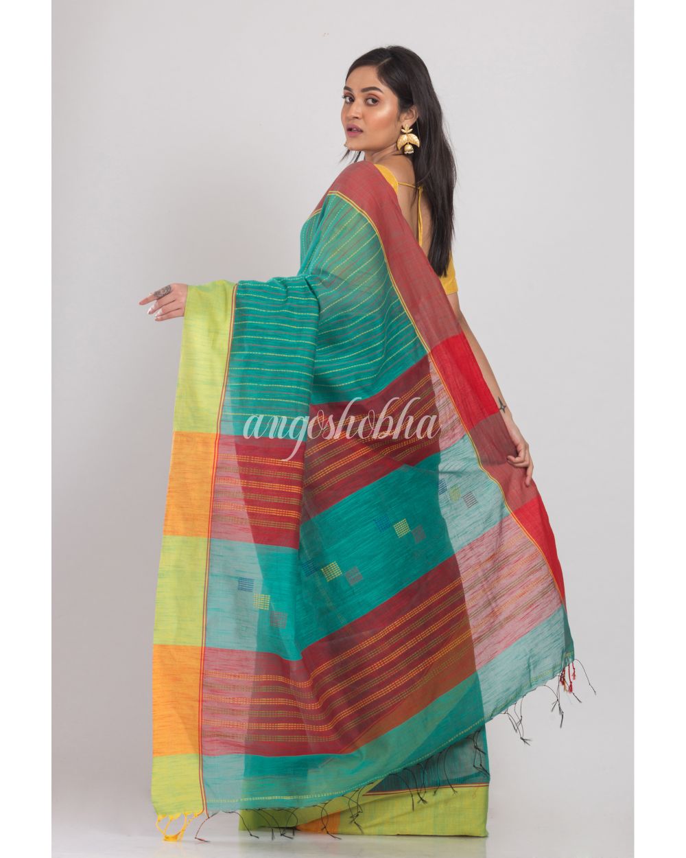 Teal Handloom Blended Cotton Saree angoshobha