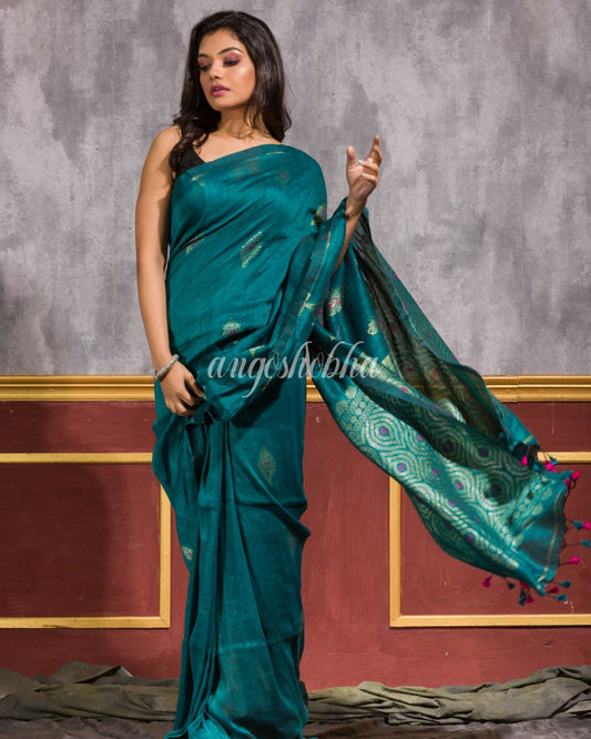 Teal Handloom Linen Saree angoshobha