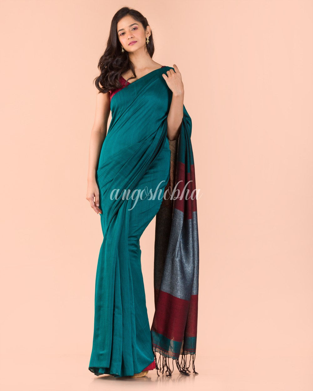 Teal Handwoven Cotton Saree angoshobha