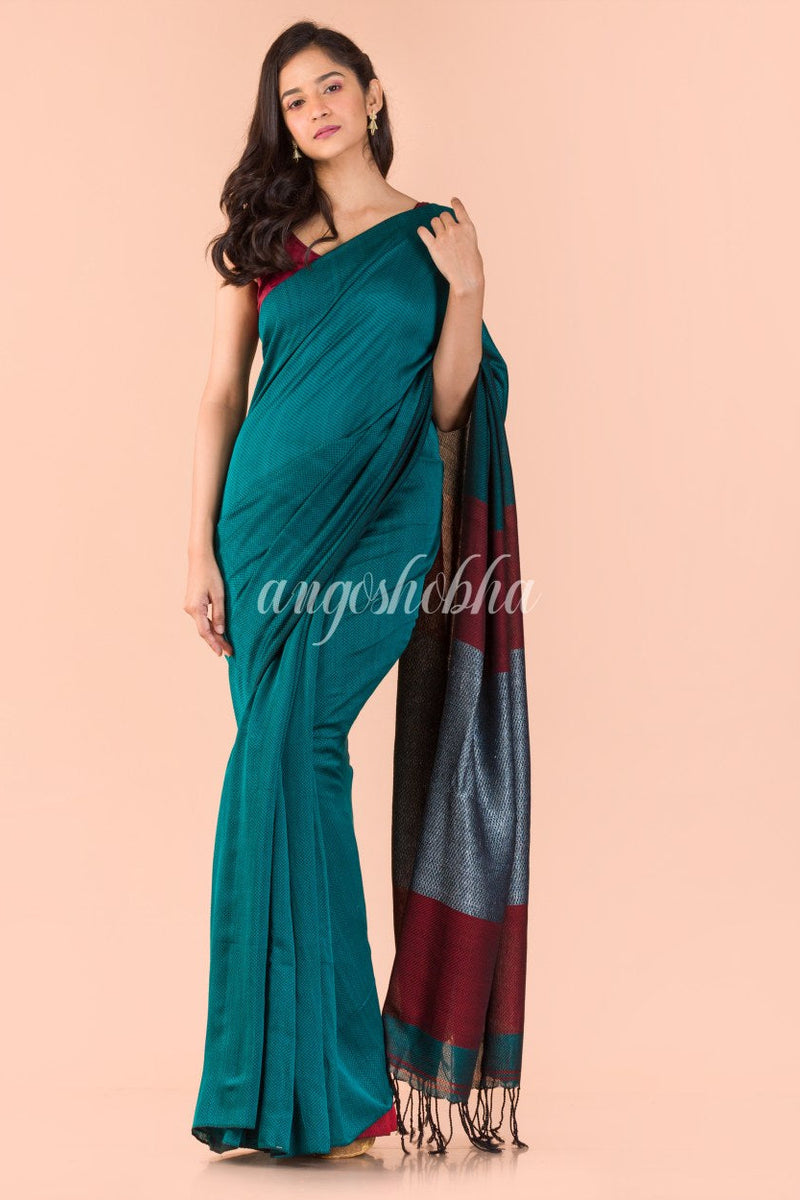 Teal Handwoven Cotton Saree
