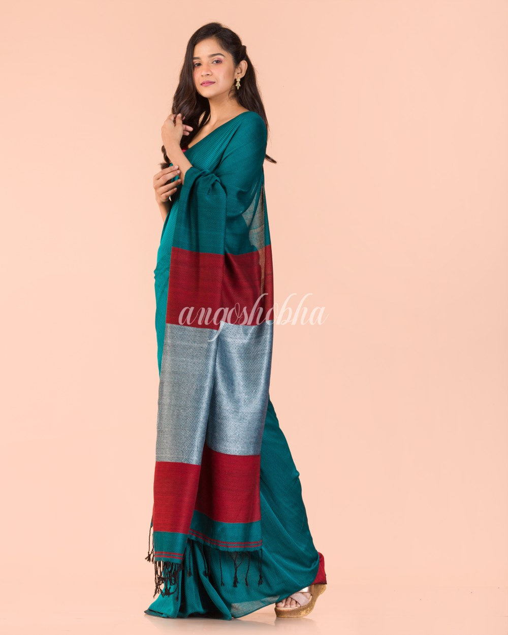 Teal Handwoven Cotton Saree angoshobha