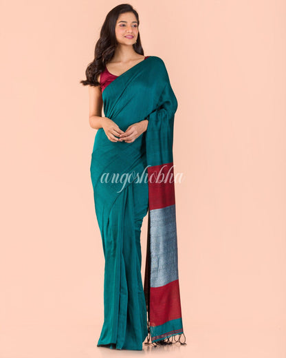 Teal Handwoven Cotton Saree angoshobha