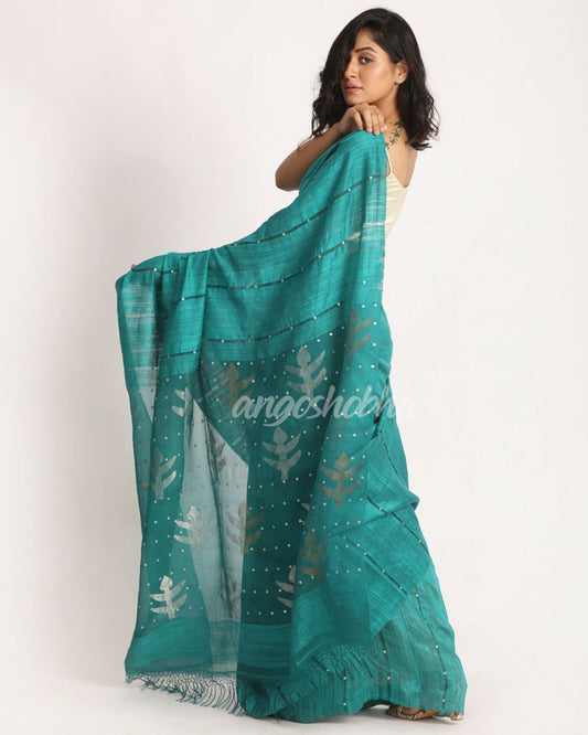 Teal Matka Silk Handloom Traditional Sequin Jamdani Saree angoshobha