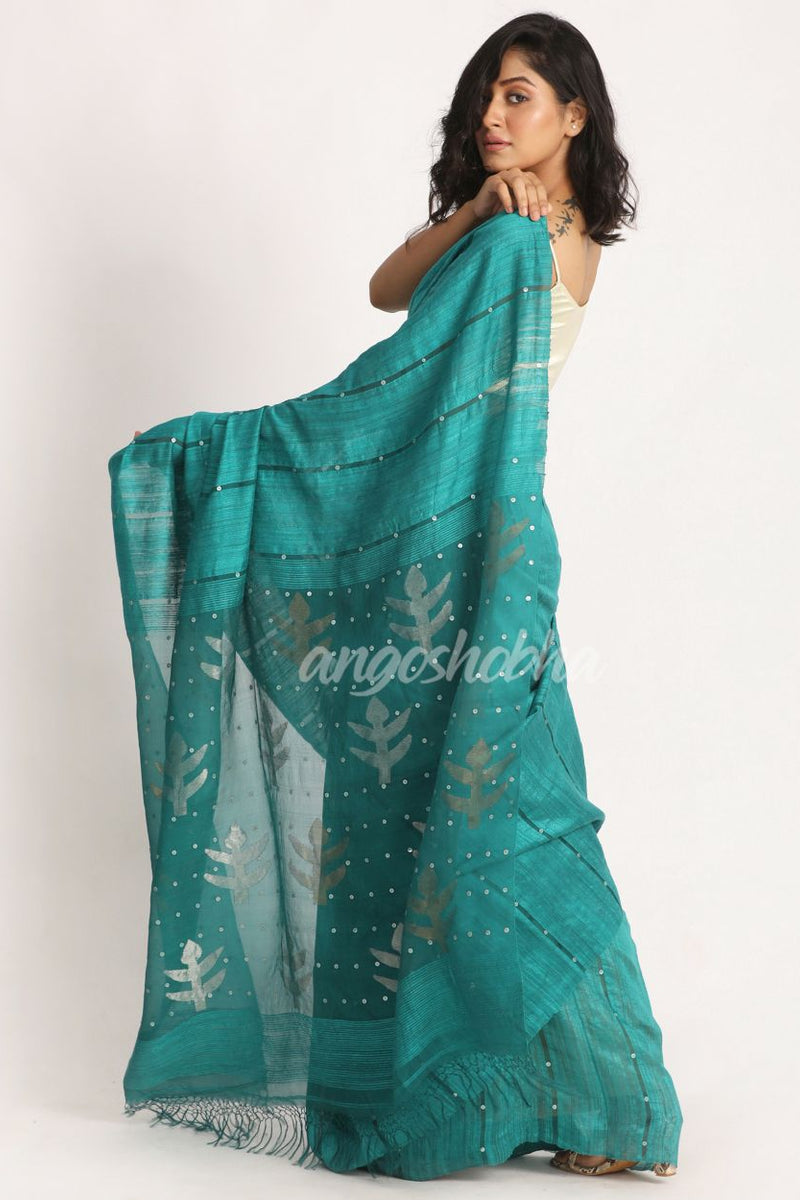 Teal Matka Silk Handloom Traditional Sequin Jamdani Saree