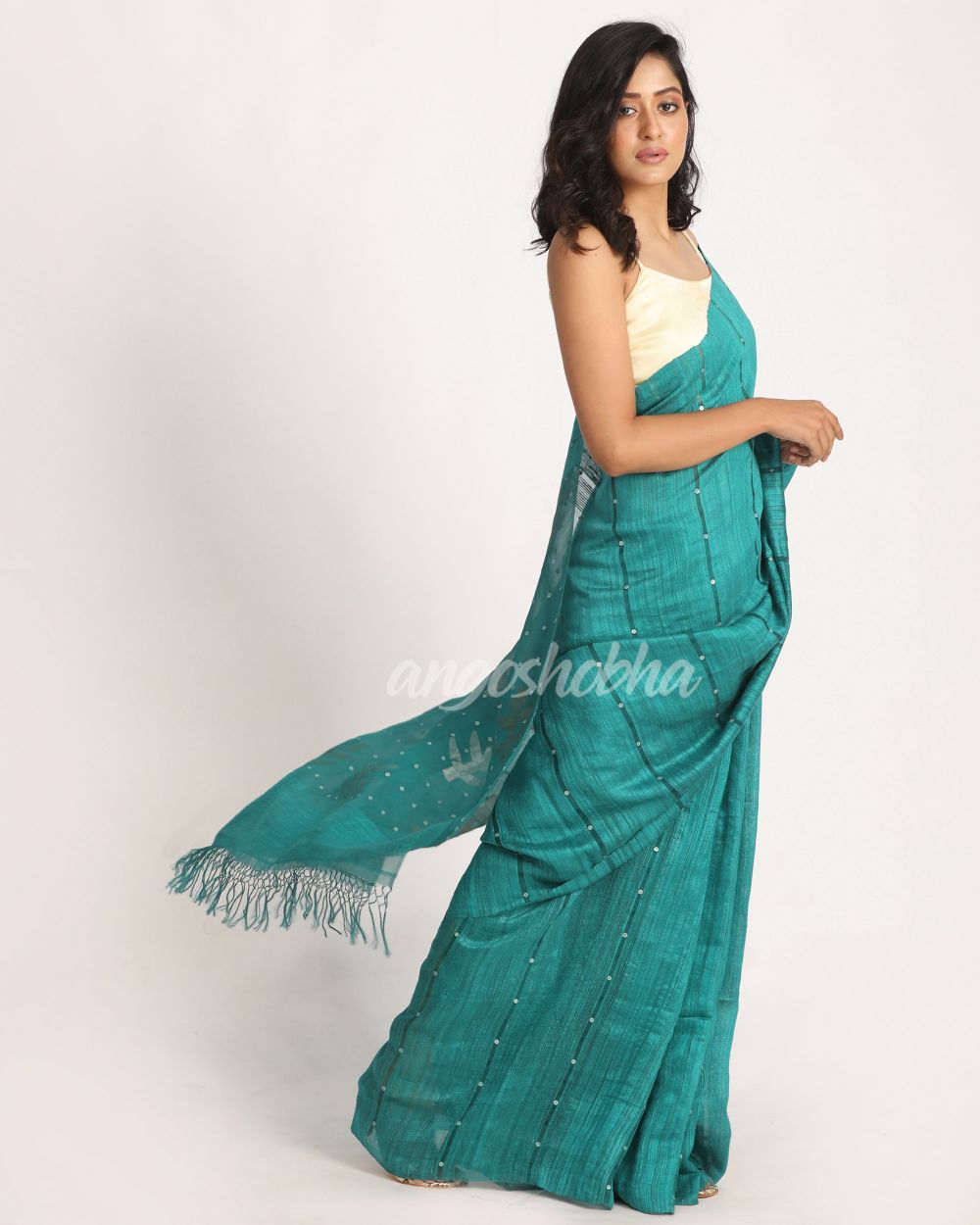 Teal Matka Silk Handloom Traditional Sequin Jamdani Saree angoshobha