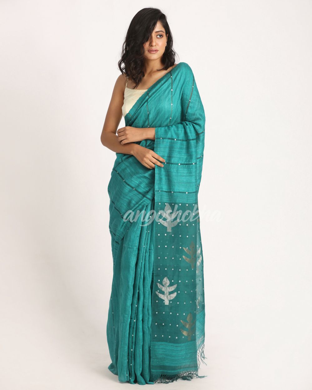 Teal Matka Silk Handloom Traditional Sequin Jamdani Saree angoshobha