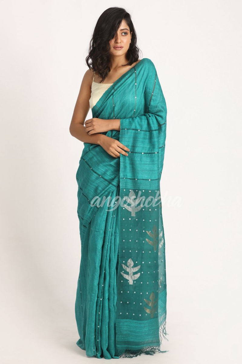 Teal Matka Silk Handloom Traditional Sequin Jamdani Saree