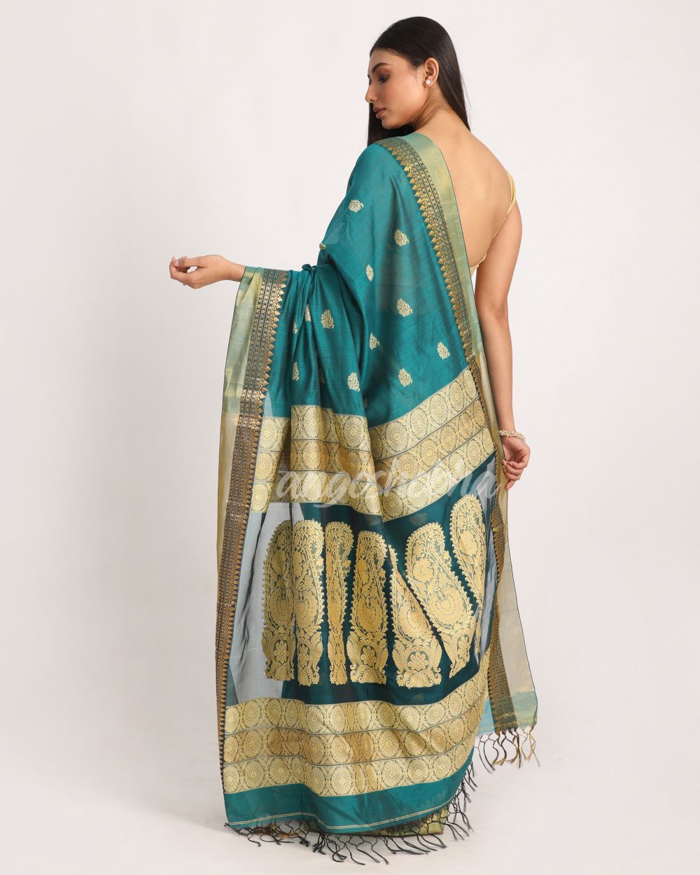 Teal Traditional Handloom Cotton Silk Jamdani Saree angoshobha