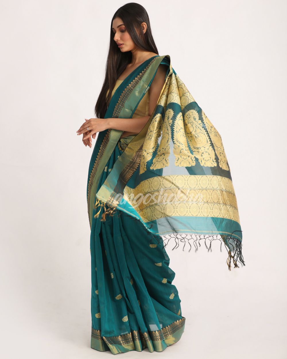 Teal Traditional Handloom Cotton Silk Jamdani Saree angoshobha
