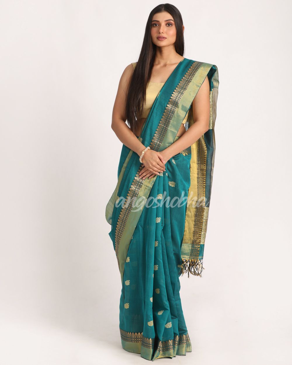Teal Traditional Handloom Cotton Silk Jamdani Saree angoshobha