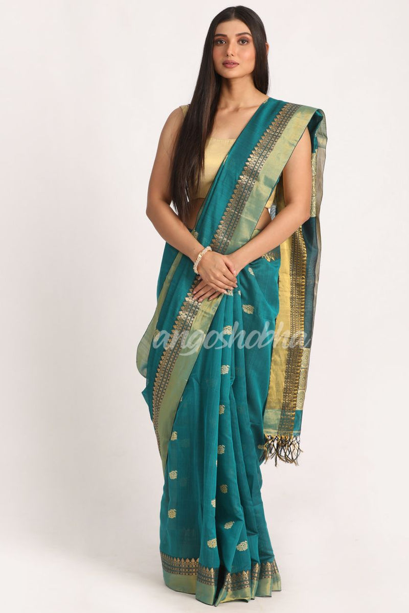 Teal Traditional Handloom Cotton Silk Jamdani Saree