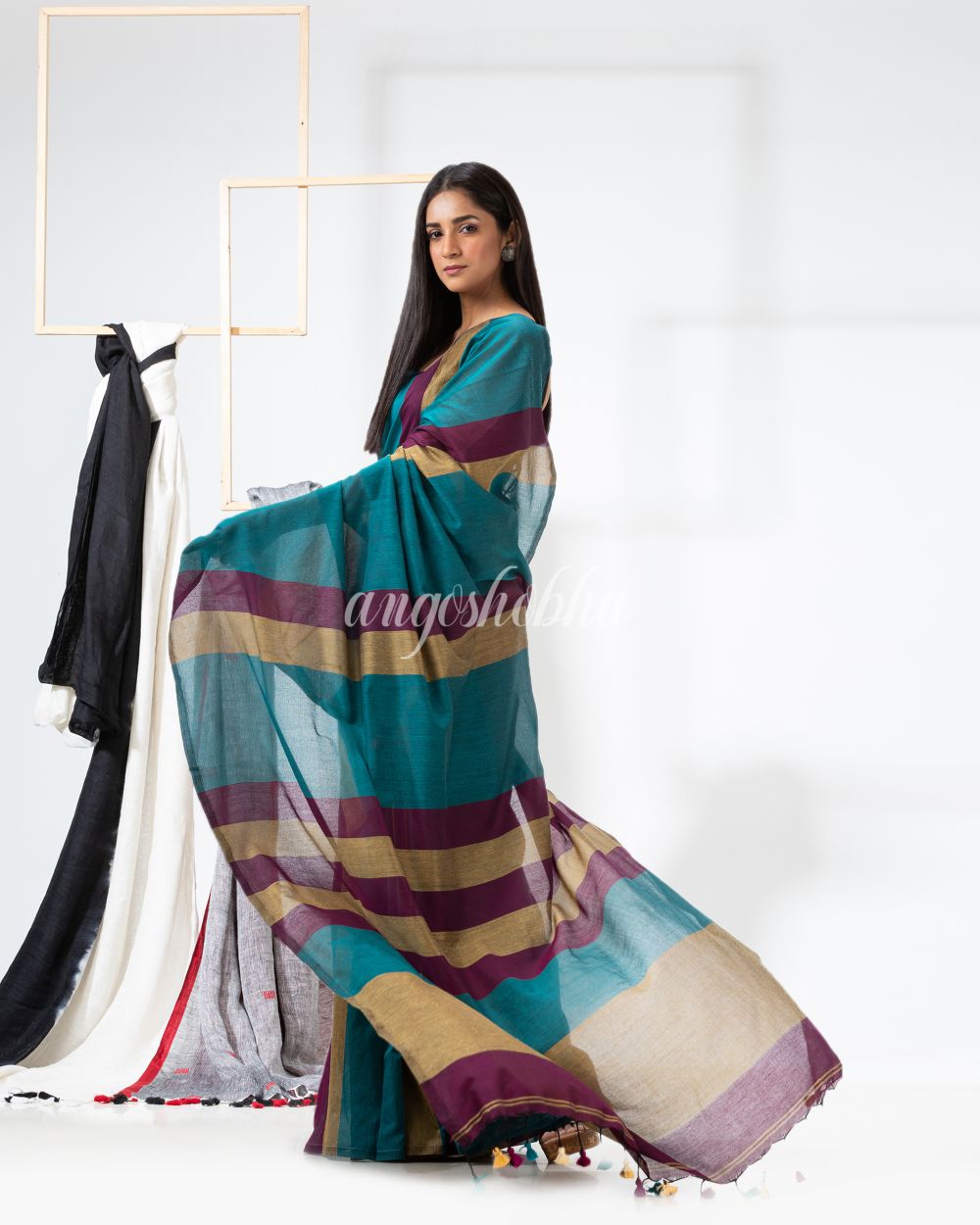 Teal handloom bengal cotton saree angoshobha