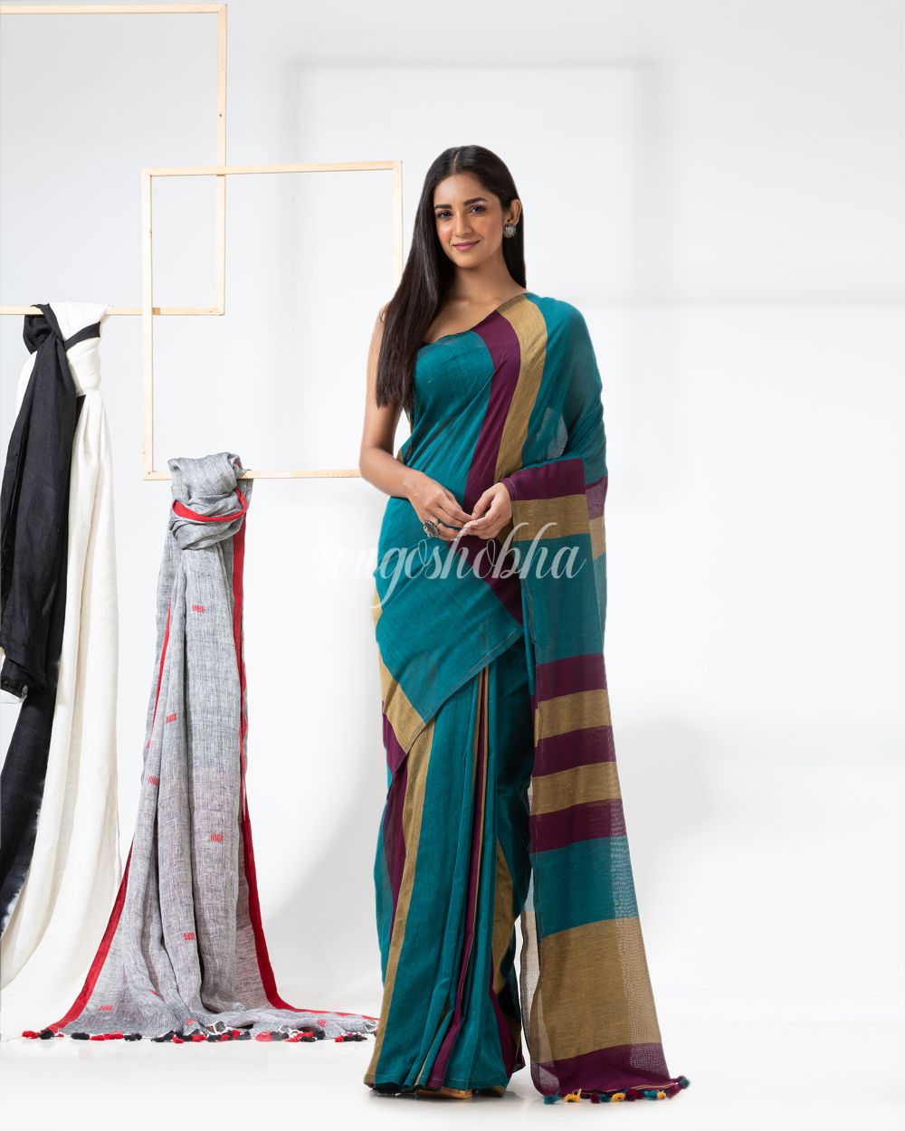Teal handloom bengal cotton saree angoshobha