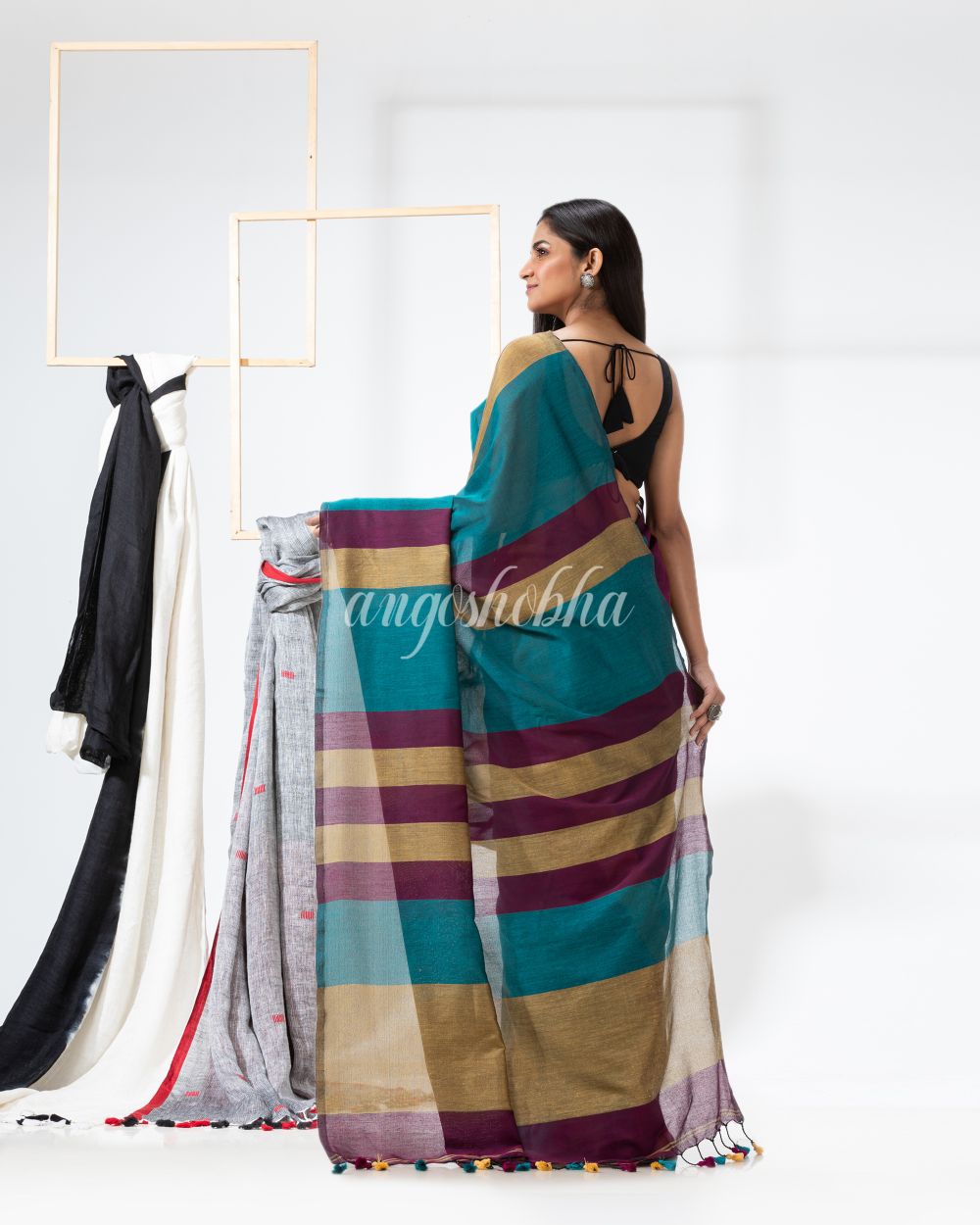 Teal handloom bengal cotton saree angoshobha