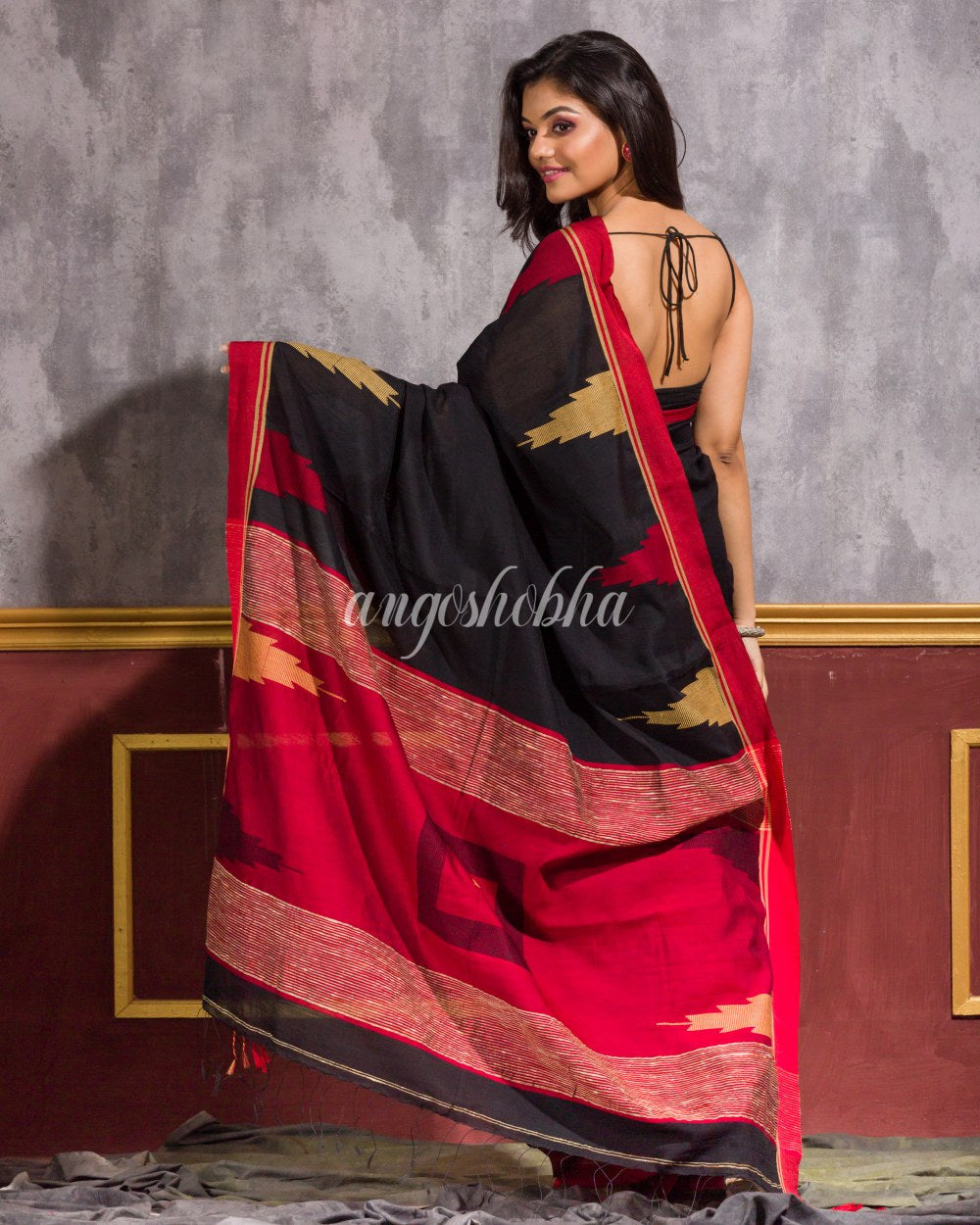 Temple Border Black Blended Cotton Saree angoshobha