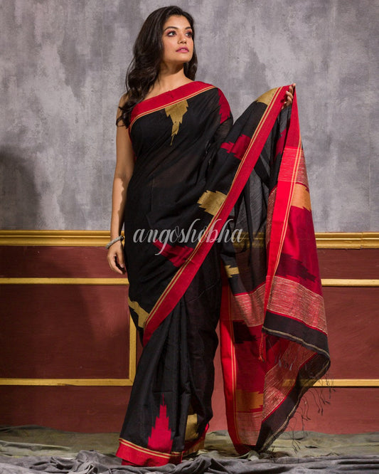 Temple Border Black Blended Cotton Saree angoshobha