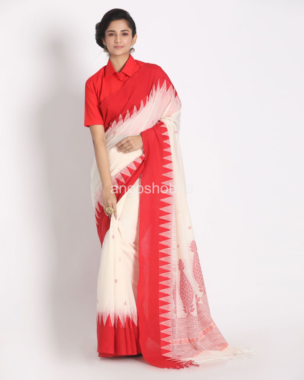 Temple Border White Cotton Tangail Saree angoshobha