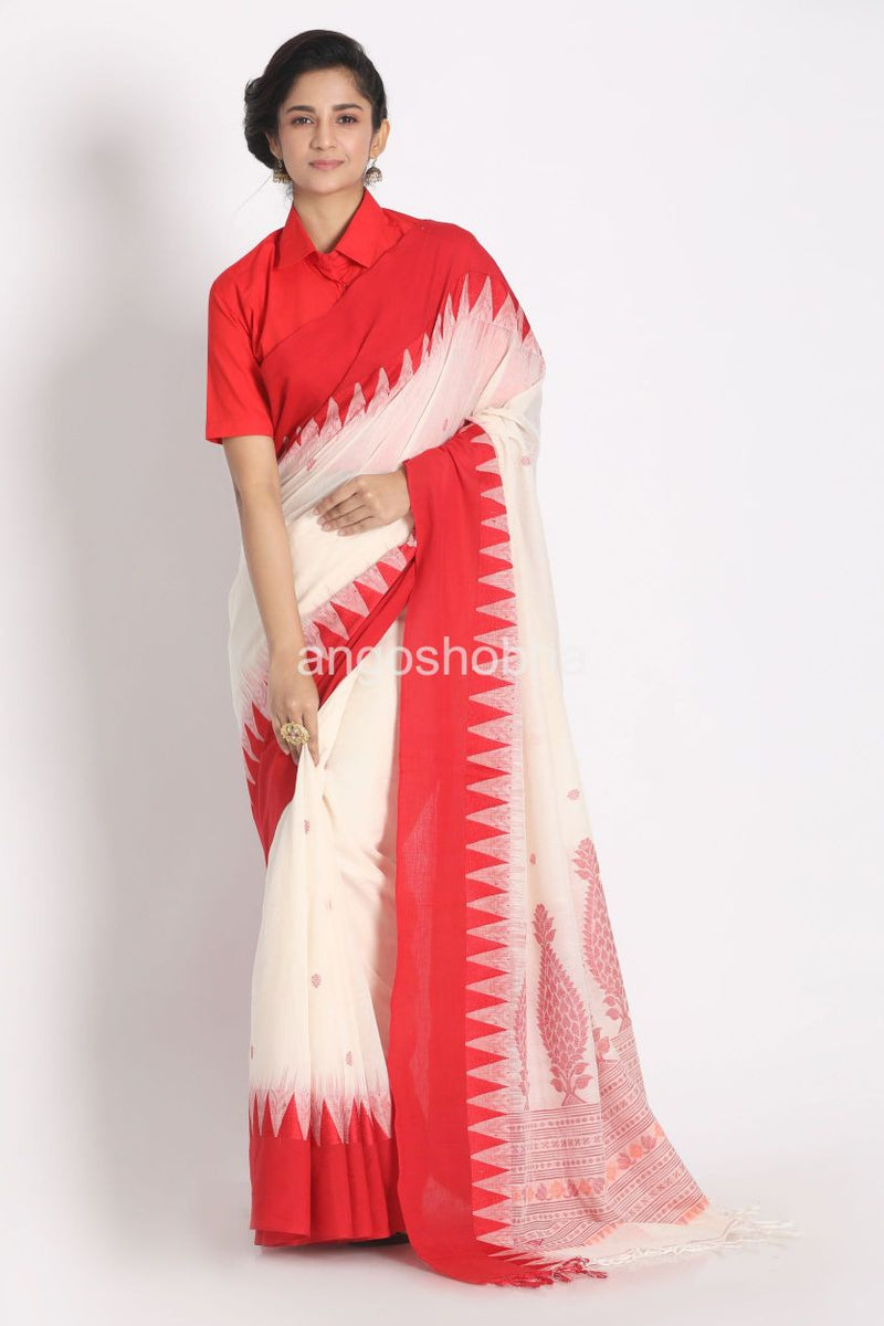 Temple Border White Cotton Tangail Saree