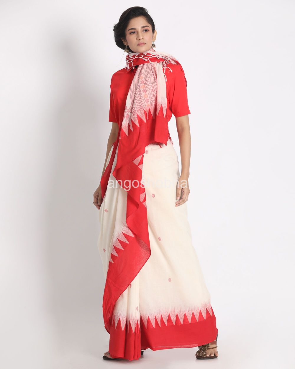 Temple Border White Cotton Tangail Saree angoshobha