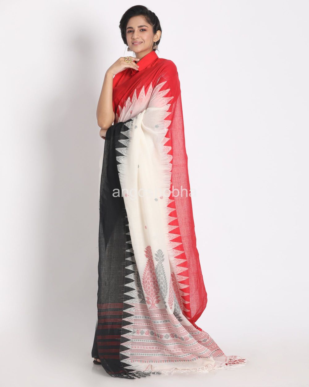 Temple Design White Cotton Handloom Tangail Saree angoshobha