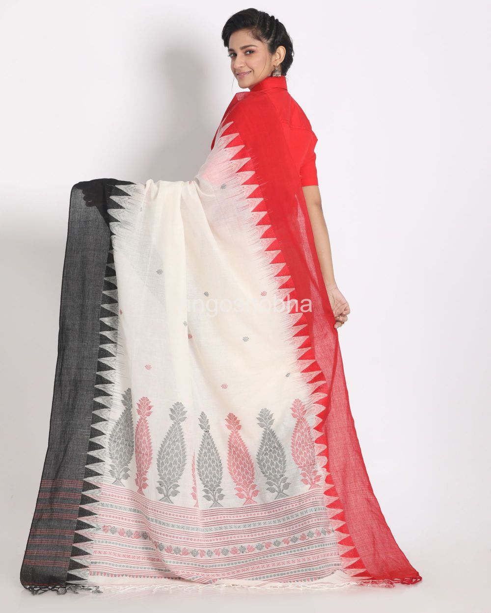 Temple Design White Cotton Handloom Tangail Saree angoshobha