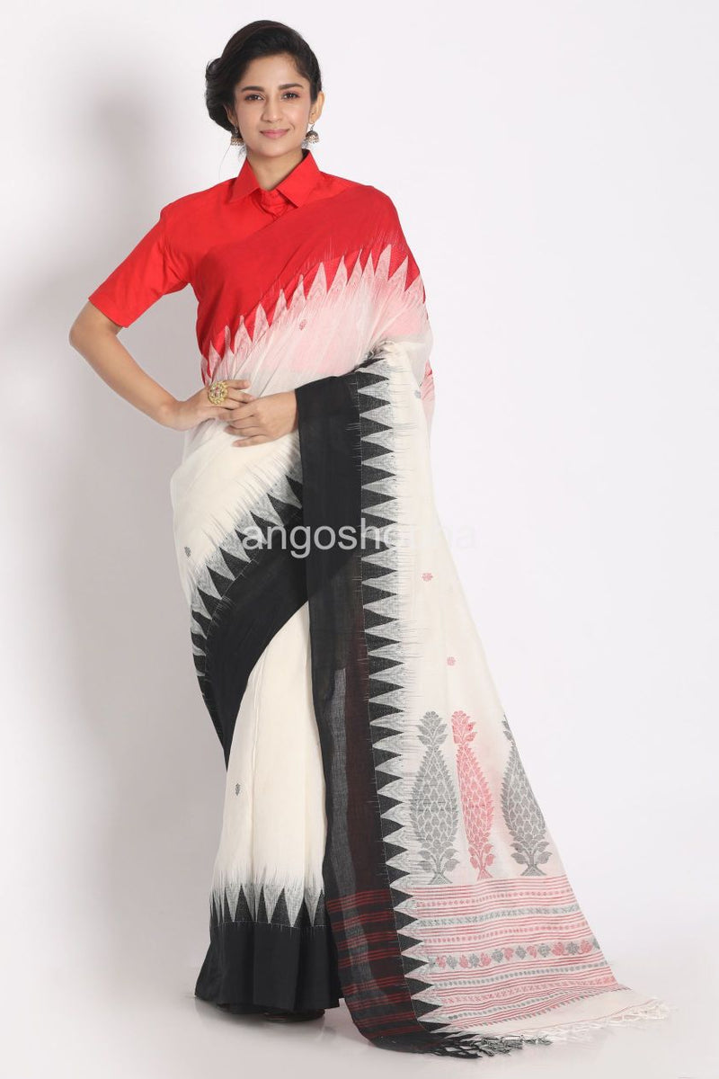 Temple Design White Cotton Handloom Tangail Saree