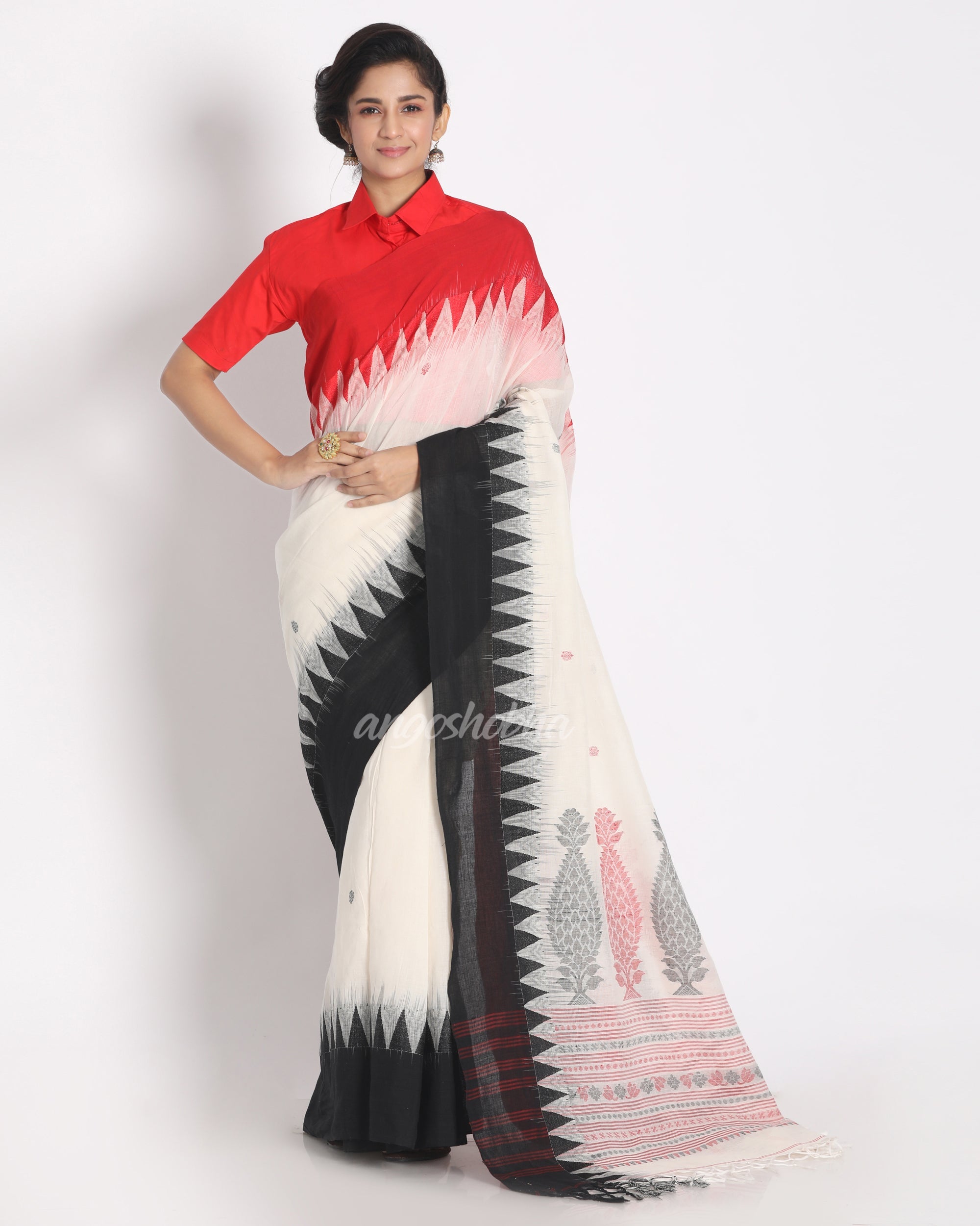 Temple Design White Cotton Handloom Tangail Saree angoshobha