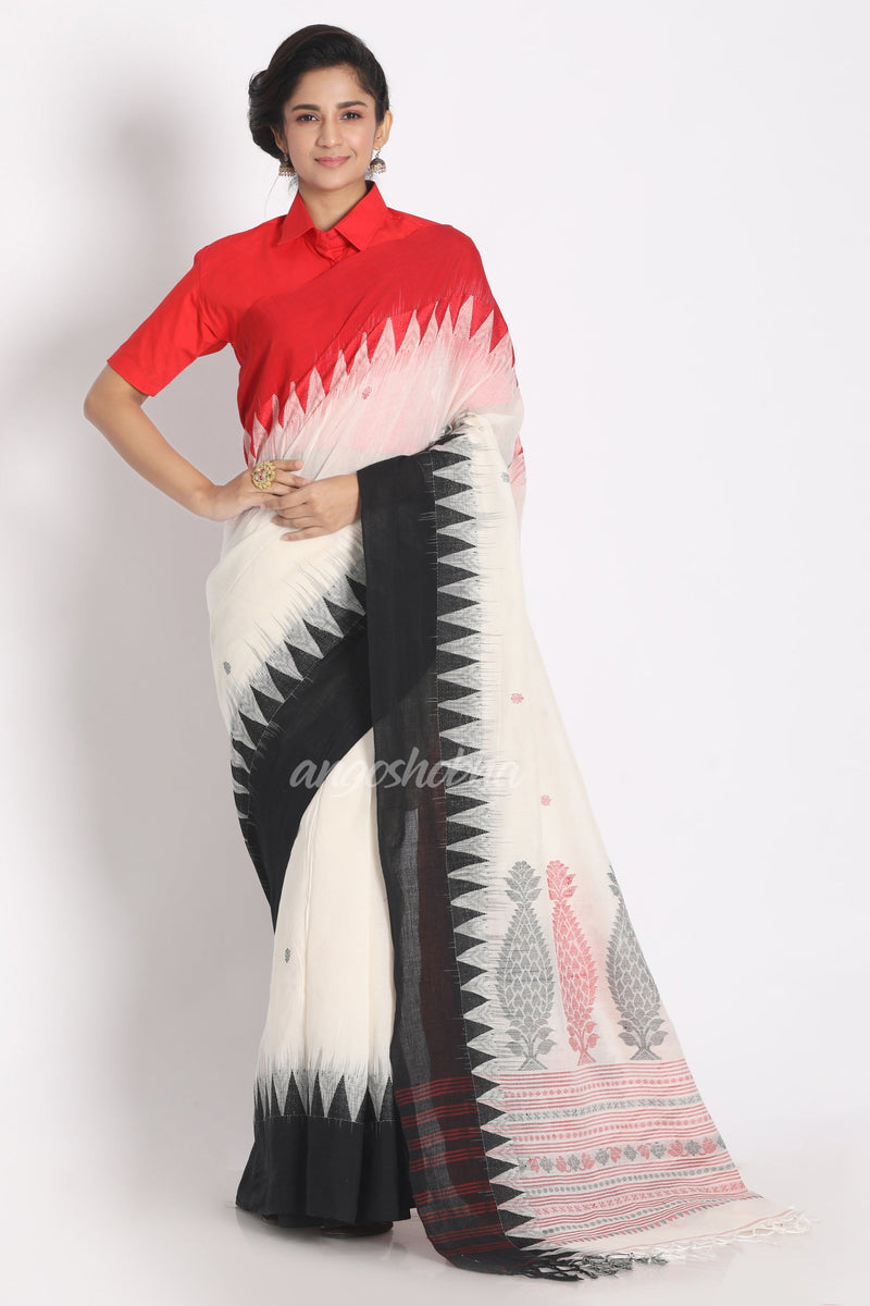 Temple Design White Cotton Handloom Tangail Saree