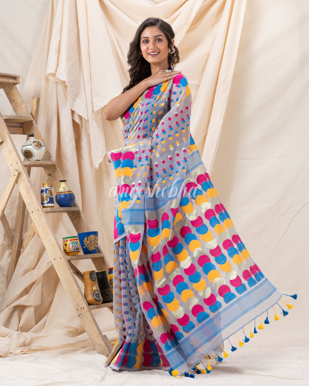 Traditional Ash Gray Soft Dhakai Ball Jamdani Saree angoshobha