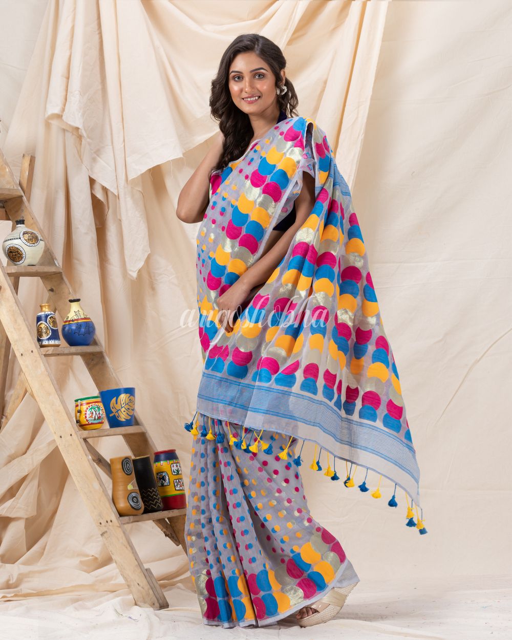 Traditional Ash Gray Soft Dhakai Ball Jamdani Saree angoshobha
