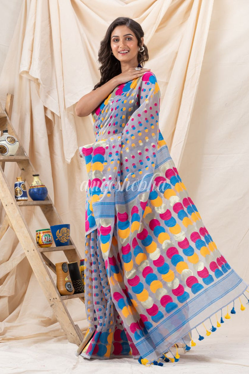 Traditional Ash Gray Soft Dhakai Ball Jamdani Saree