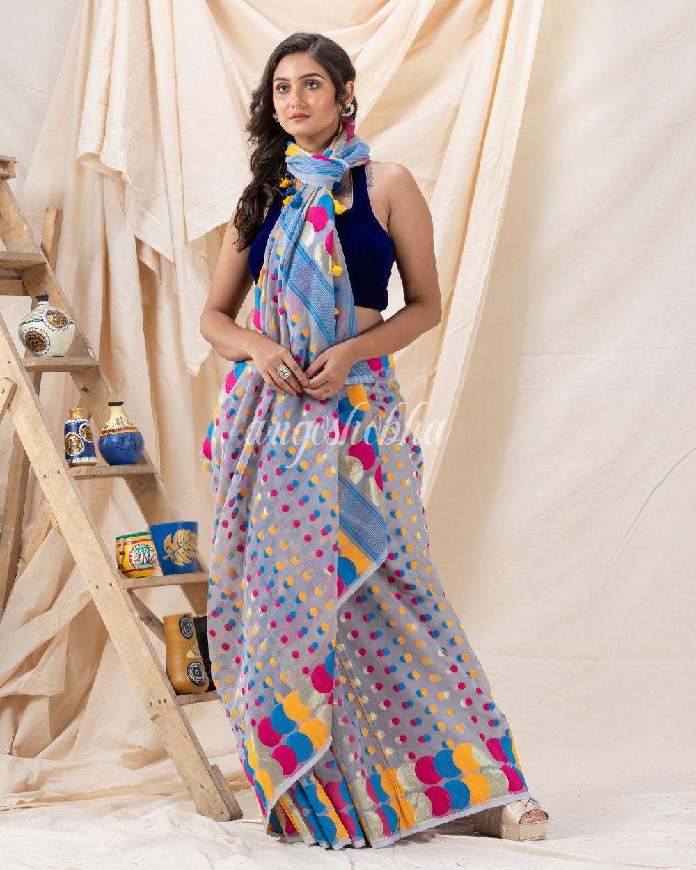 Traditional Ash Gray Soft Dhakai Ball Jamdani Saree angoshobha