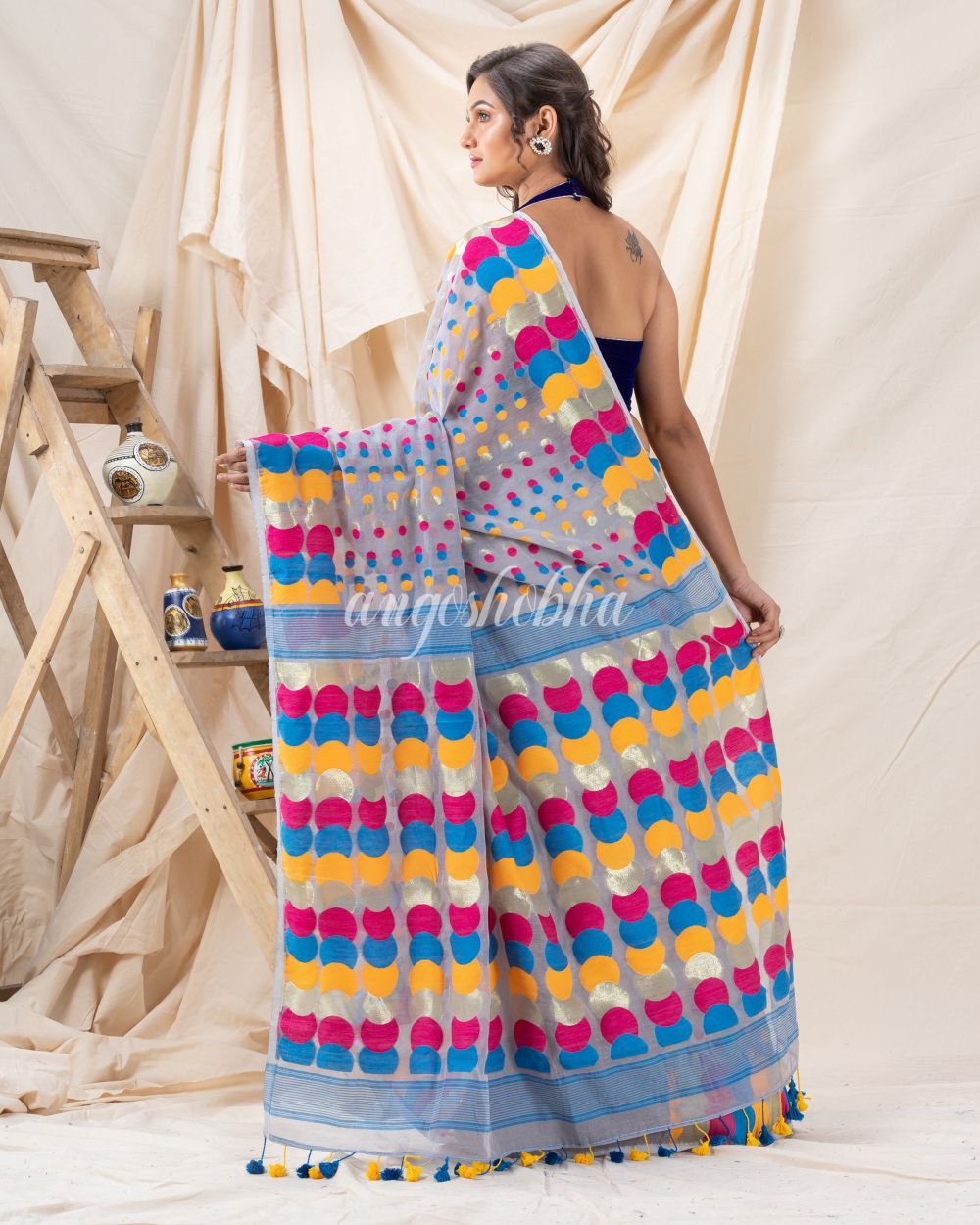 Traditional Ash Gray Soft Dhakai Ball Jamdani Saree angoshobha