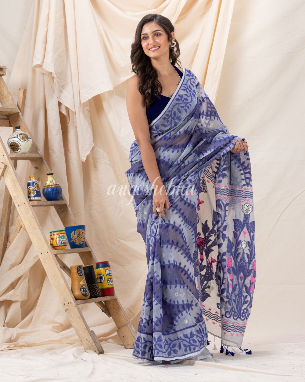 Traditional Ash Gray Soft Dhakai creeper Jamdani Saree angoshobha