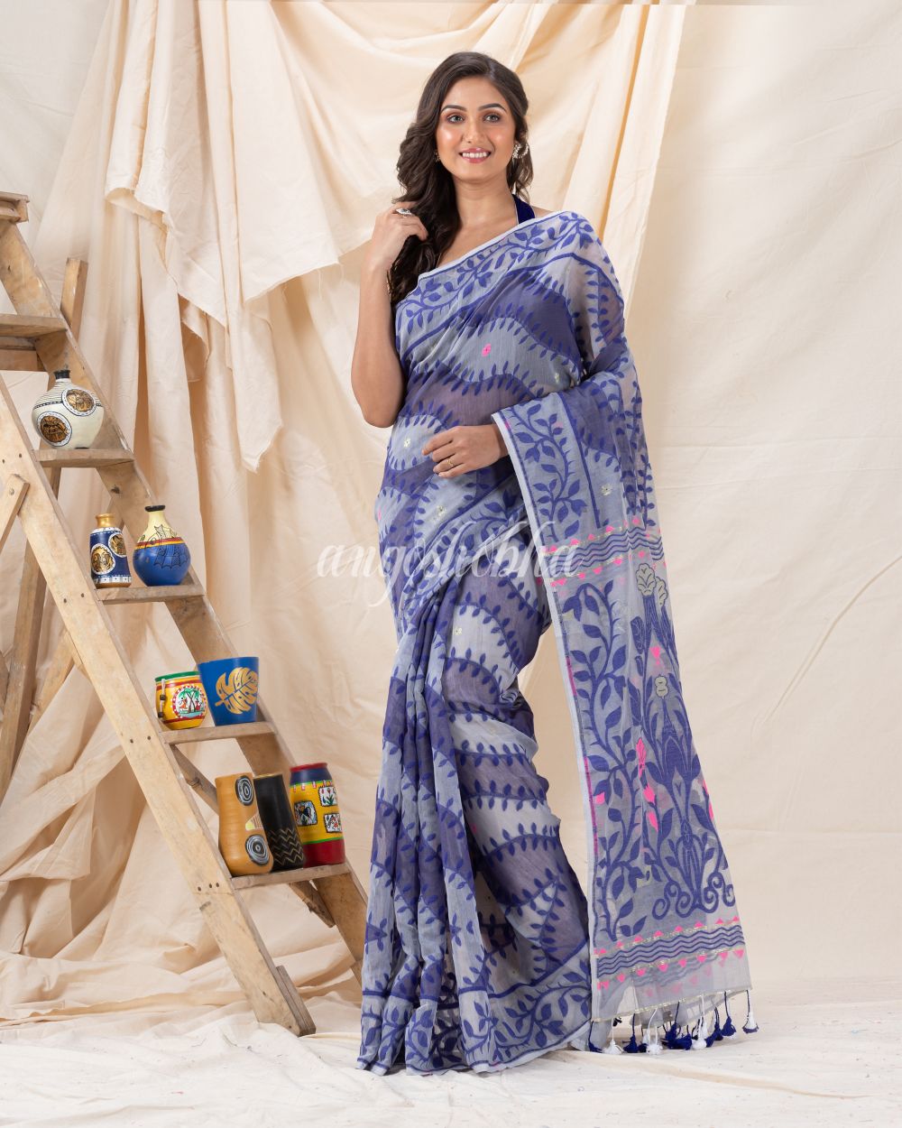Traditional Ash Gray Soft Dhakai creeper Jamdani Saree angoshobha