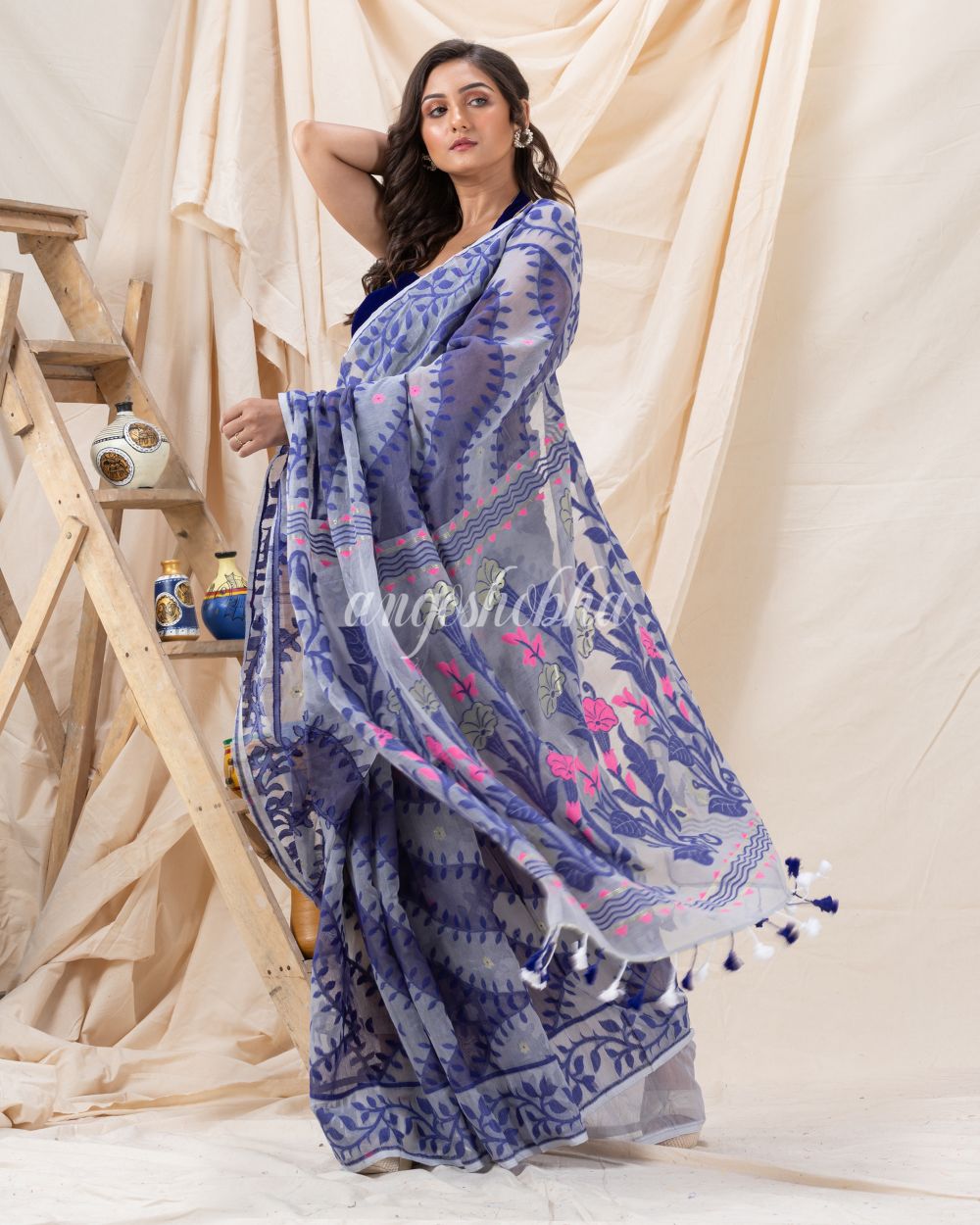 Traditional Ash Gray Soft Dhakai creeper Jamdani Saree angoshobha