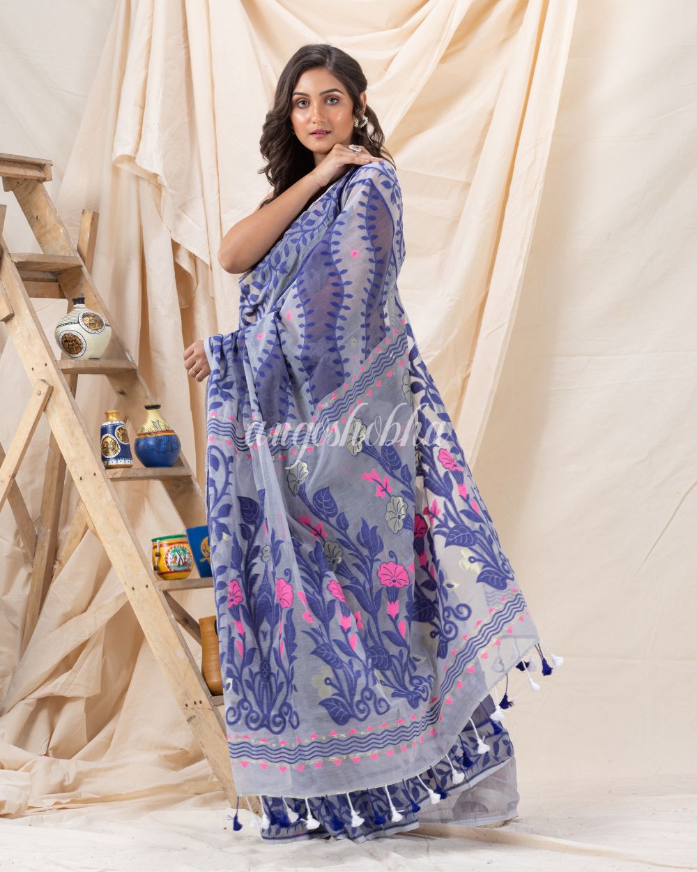 Traditional Ash Gray Soft Dhakai creeper Jamdani Saree angoshobha