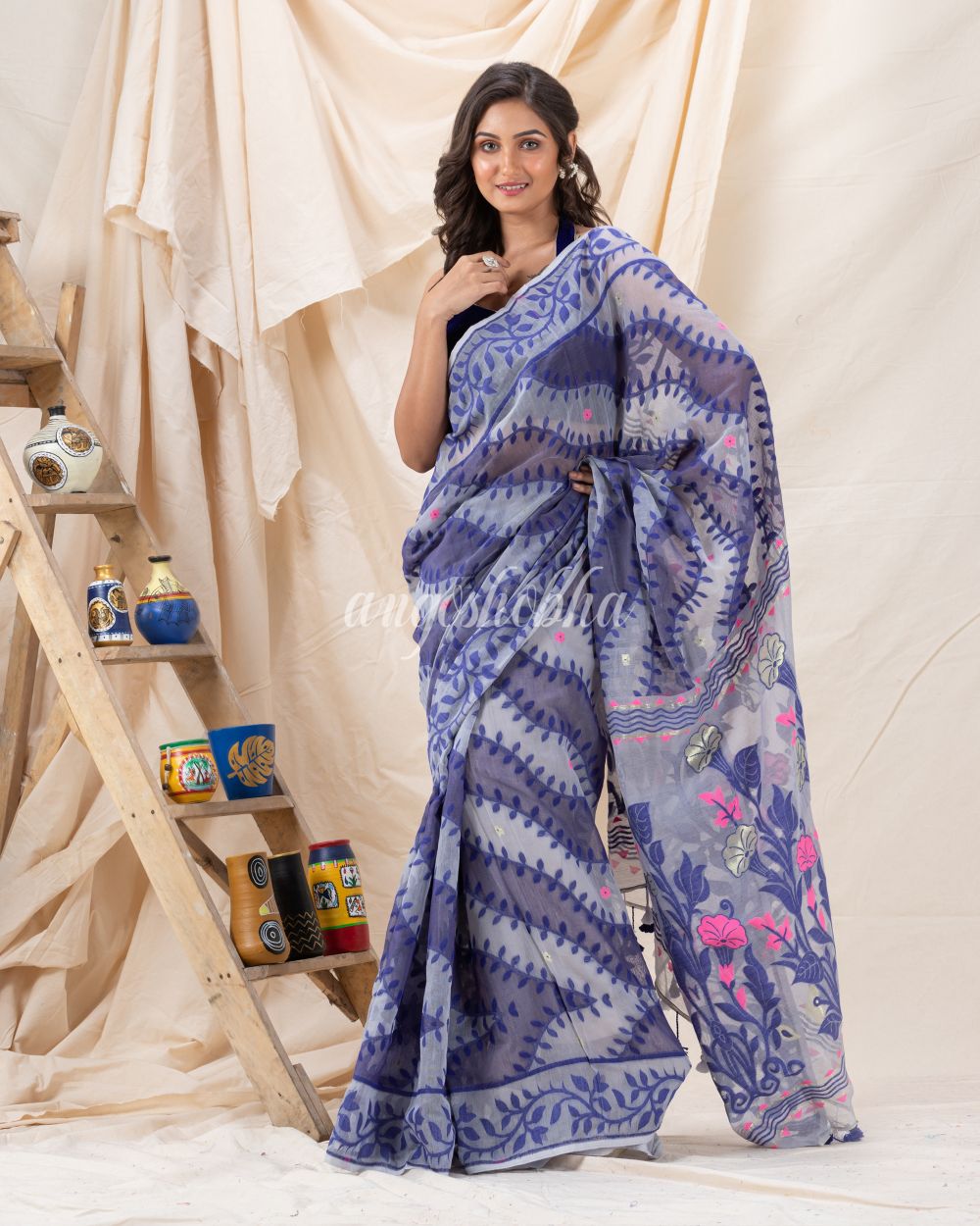 Traditional Ash Gray Soft Dhakai creeper Jamdani Saree angoshobha