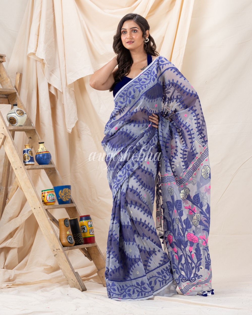 Traditional Ash Gray Soft Dhakai creeper Jamdani Saree angoshobha
