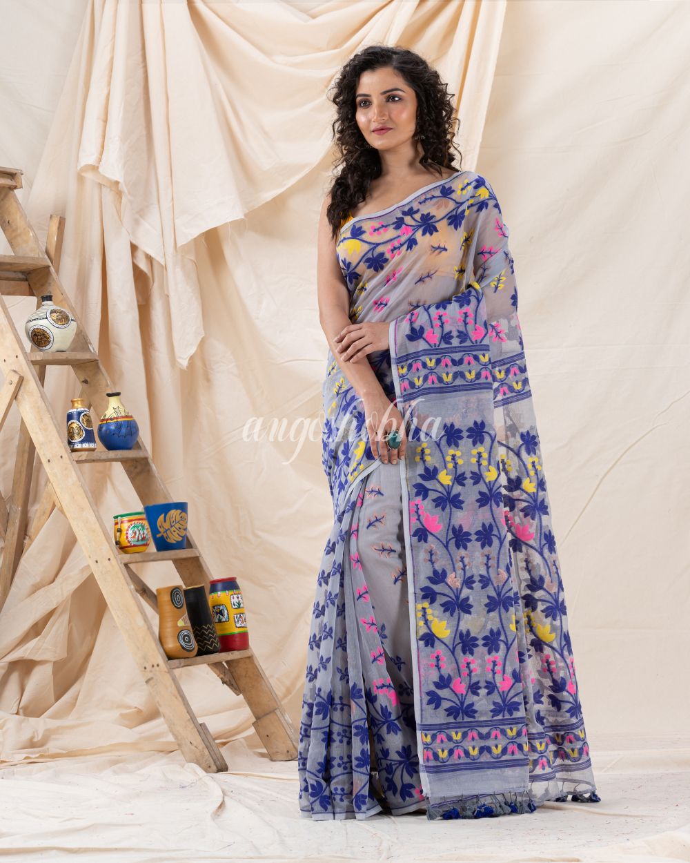 Traditional Ash Soft Dhakai Creeper Jamdani Saree angoshobha