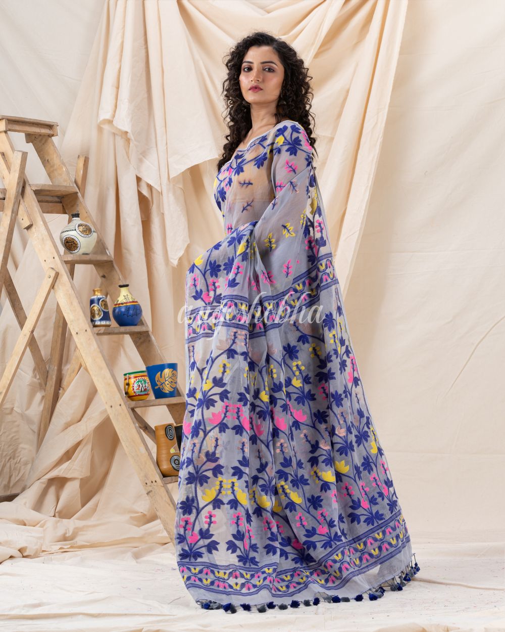 Traditional Ash Soft Dhakai Creeper Jamdani Saree angoshobha